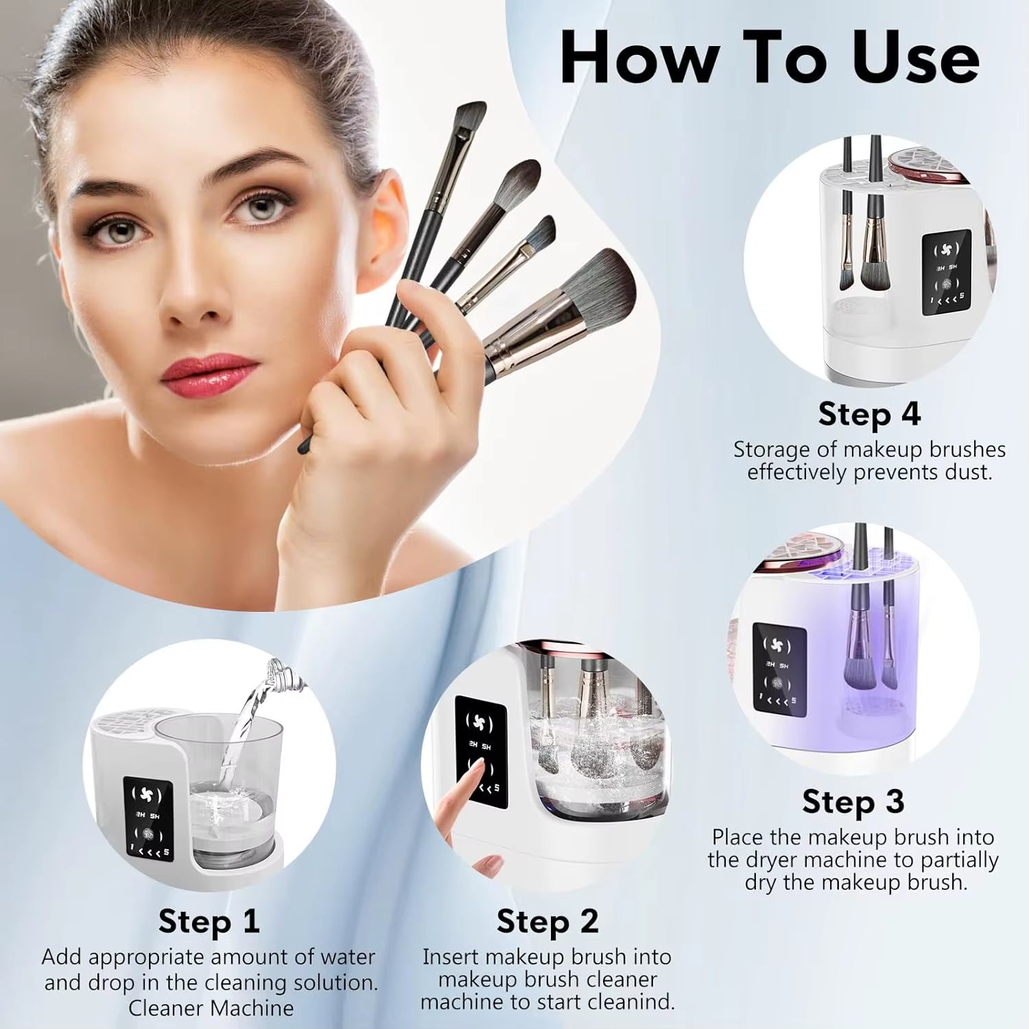 3 in 1 Electric Makeup Brush Cleaner Machine with Makeup Brush Dryer for All Size Beauty Makeup Brush Cosmetic Tools Fast Drying
